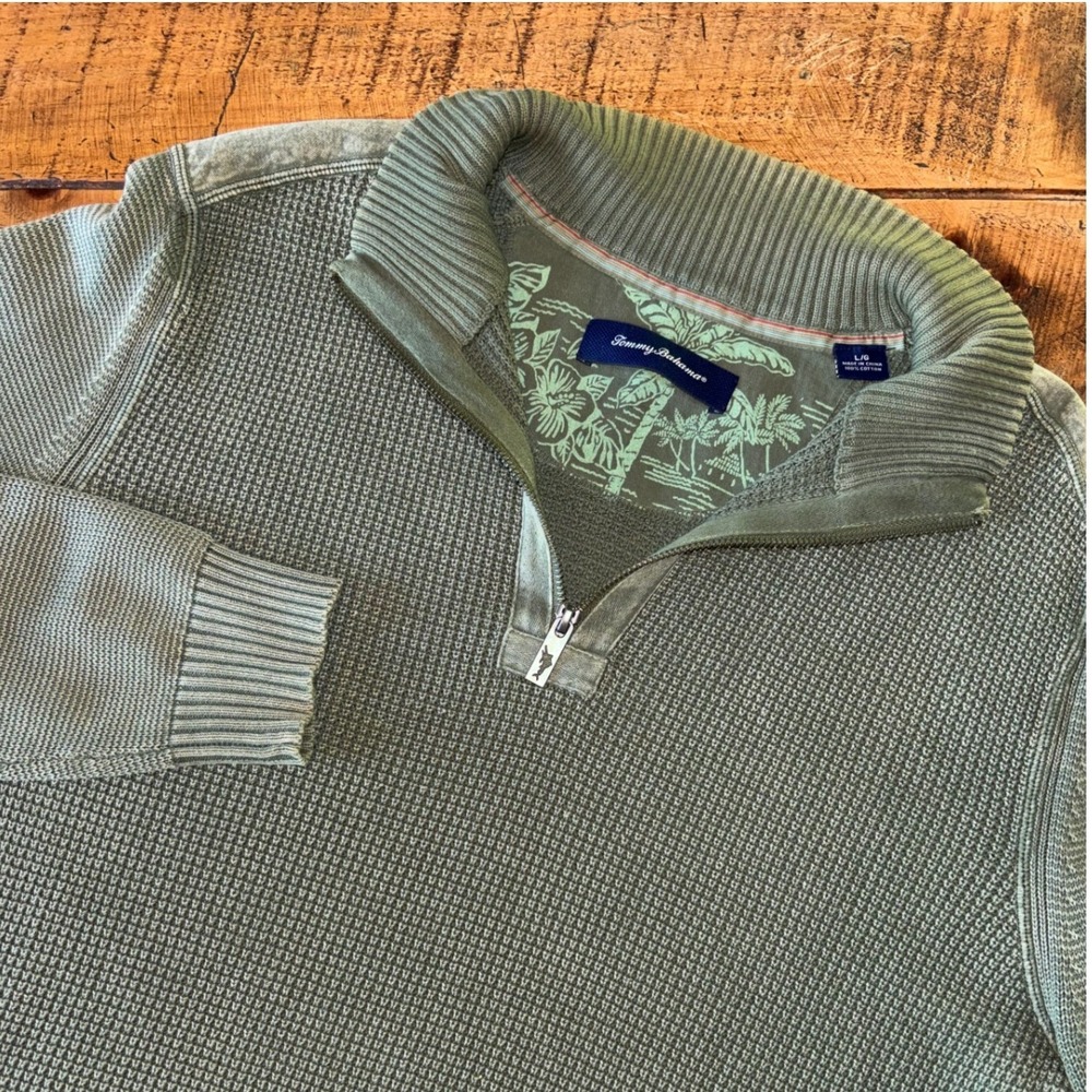 Tommy Bahama Mens Olive Green Textured 100% Cotton Quarter Zip Sweater Large
